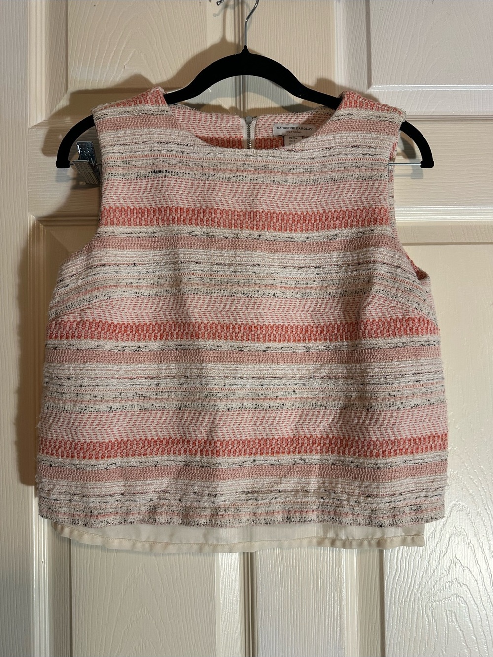 Katherine Barclay Pink and Cream Striped Tweed Sleeveless Top